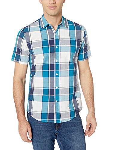 Amazon Essentials – Camisa de popelín de manga corta de corte entallado para hombre, Teal/Navy Large Plaid, US XL (EU XL - XXL)