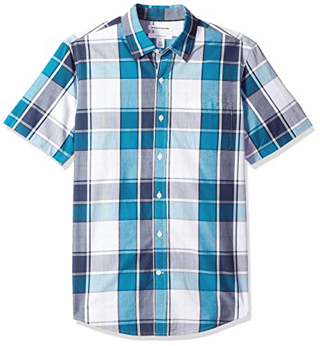 Amazon Essentials – Camisa de popelín de manga corta de corte entallado para hombre, Teal/Navy Large Plaid, US XL (EU XL - XXL)