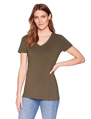 Amazon Essentials Camiseta de manga corta clásico con cuello en V, Mujer, Verde (Oliva/Avena Jaspeado), XS, pack de 2