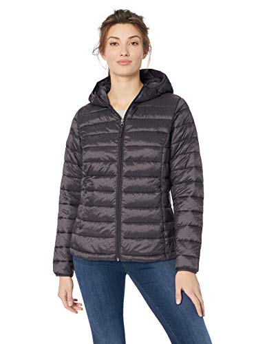 Amazon Essentials - Chaqueta acolchada con capucha para mujer, plegable, ligera y resistente al agua, Gris (charcoal heather), US L (EU L-XL)