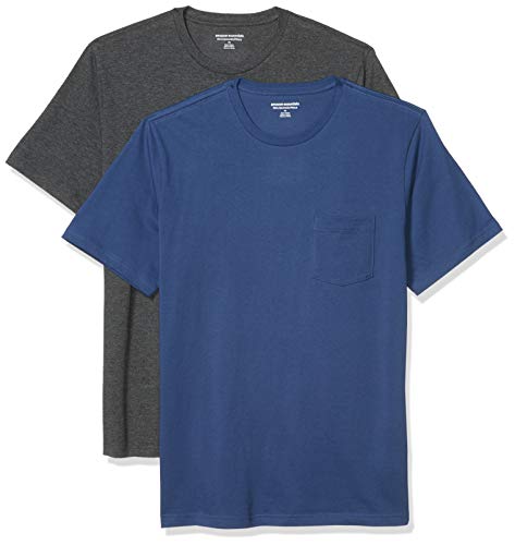 Amazon Essentials Pack de 2 Camisetas Ajustadas con Bolsillo y Cuello Redondo Fashion-t-Shirts, Blue/Charcoal Heather, M