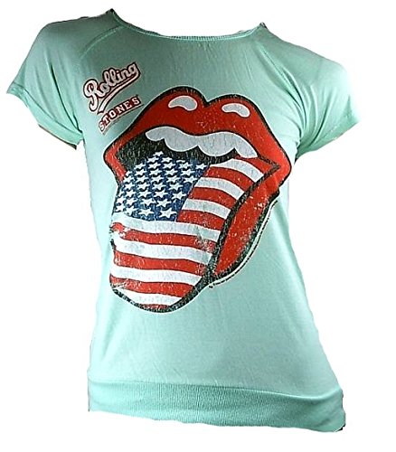 Amplified Mujer Lady Camiseta de Aqua Agua Azul Verde Official The Rolling Stones personalizada Estados Unidos Stars y Stripes lengua Rock Star Vintage Print VIP Rock Star verde 42/44