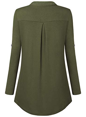 Amrto Blusa de manga 3/4 para mujer con cuello en V, con cremallera, camiseta de manga larga verde militar XXXL