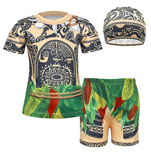 AmzBarley Moana Maui Traje de Baño Bañador Niño Disfraz Fiesta 3 Piezas Conjunto de Camisetas Manga Corto,Niño Pantalones Cortos/Shorts y Gorro Nadador Natación de Niño Marrón Claro,2-3 Años