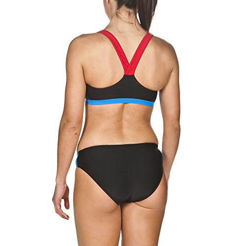 ARENA Bañador Deportivo para Mujer REN (Secado rápido, protección UV UPF 50+, Resistente al Cloro y al Agua Salada), Mujer, Parte Superior de Bikini, 000990, Black-Red-Pixblue (504), 38