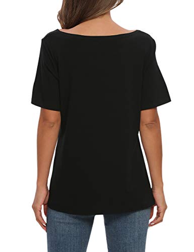 AUSELILY Camisetas de Manga Corta para Mujer Blusas Tops de túnica con Bloques de Color Patchwork.(Negro Rojo,40-44)