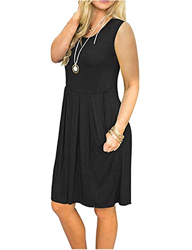 AUSELILY Vestido Informal sin Mangas con Pliegues Sueltos y Pliegues con Bolsillos hasta la Rodilla.（Negro,36-38