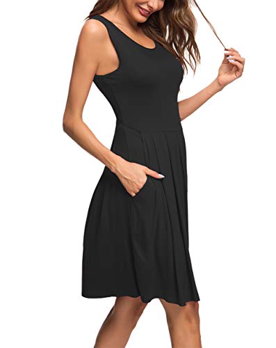 AUSELILY Vestido Informal sin Mangas con Pliegues Sueltos y Pliegues con Bolsillos hasta la Rodilla.（Negro,36-38