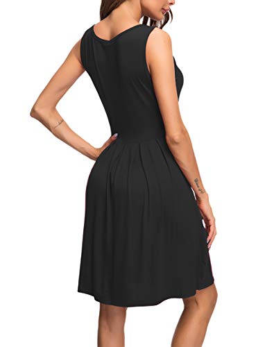 AUSELILY Vestido Informal sin Mangas con Pliegues Sueltos y Pliegues con Bolsillos hasta la Rodilla.（Negro,36-38