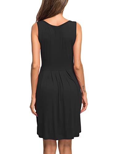 AUSELILY Vestido Informal sin Mangas con Pliegues Sueltos y Pliegues con Bolsillos hasta la Rodilla.（Negro,36-38