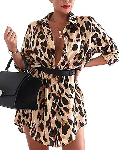 Auxo Camisa de Mujer Larga Elegante Camisas Leopardo de Manga Larga Escote V con Cordones Mini Vestido Sexy Blusa Tallas Grandes Tunica Shirt 05-marrón XXL