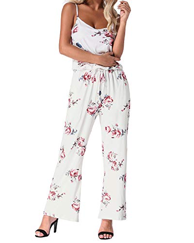 Auxo Mono Largo Mujer Verano Sin Mangas Estampado Floral Pantalones Largos Jumpsuits Playsuit Monos de Playa Blanco S