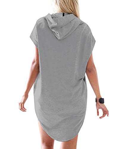 Auxo Mujer Vestido Sudadera Sexy Manga Corta con Capucha Verano Camiseta Blusa Talla Grande Túnica Camisa Larga Moda W-Gris Claro S