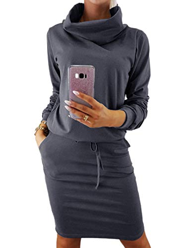 Auxo Mujeres Pullover Vestido Largo Casual Elegante Tops Cuello Redondo Cuello Sexy Vestidos de Punto Otoño Invierno Sudadera 01-Gris Oscuro XL