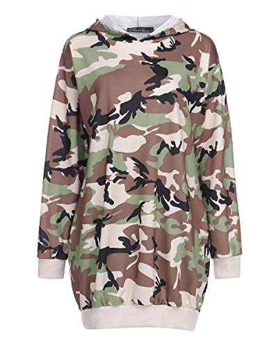 Auxo Sudaderas con Capucha para Mujer Jersey Manga Larga Camuflaje Bolsillos Casual Talla Grande Sudadera Vestido Hoodie Camuflaje XL