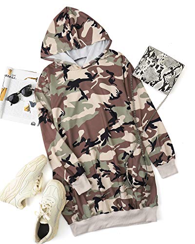 Auxo Sudaderas con Capucha para Mujer Jersey Manga Larga Camuflaje Bolsillos Casual Talla Grande Sudadera Vestido Hoodie Camuflaje XL