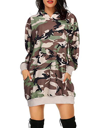 Auxo Sudaderas con Capucha para Mujer Jersey Manga Larga Camuflaje Bolsillos Casual Talla Grande Sudadera Vestido Hoodie Camuflaje XL