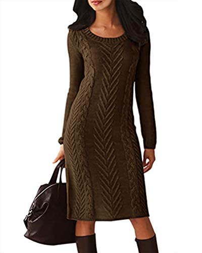 Auxo Vestido Suéter Mujer Cuello Redondo Manga Larga Trenzado Tejido Punto Elástico Ajustado Jersey Ceñido Cuerpo Talla Grande Vestidos Midi H-Marrón M