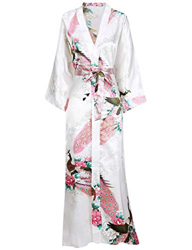 BABEYOND Kimono de Seda Vestido de Satén Kimono Pavo Real Novia Pijamas de Seda Bata de Satén (Blanco)