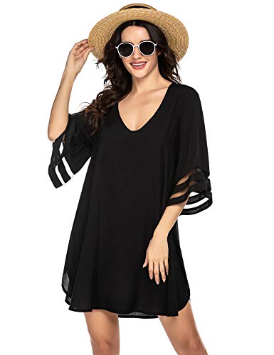 Balancora Vestido de playa para mujer, tallas grandes, corte holgado, gasa, sexy, encaje, bikini, cubierta de baño, elegante vestido de verano, S-XXL 1_negro L