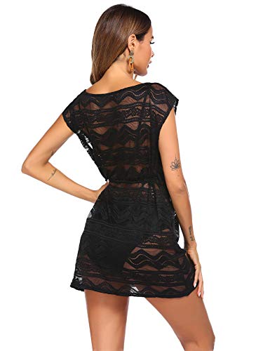 Balancora Vestido de playa para mujer, tallas grandes, sexy, encaje, traje de baño, elegante vestido de verano A-b black S