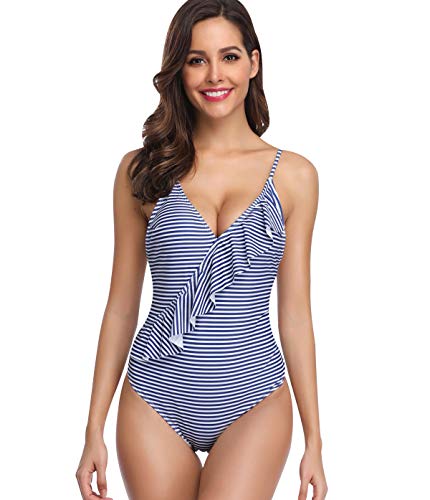 Bañador Escote V Espalda al Aire Rayas Vientre Plano Una Pieza Traje de Baño Mujer Bañadores Playa Mujer Bikinis con Relleno Monokini Bikini Push Up Señora Trajes de Baño Enteros Piscina Azul S