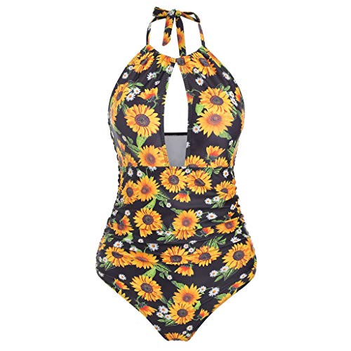 Bañador Estampado Girasol para Mujer Traje de baño de una Pieza sin Espalda Monokini Flores Amarillo XL