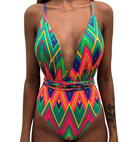 Bañador Halter Escote V Bandeau Traje de Baño Mujer Bañadores Una Pieza Mujer Playa Natacion Bikinis de Flores con Relleno Monokini Bikini Push Up Señora Trajes de Baño Enteros Piscina Biquini 2XL