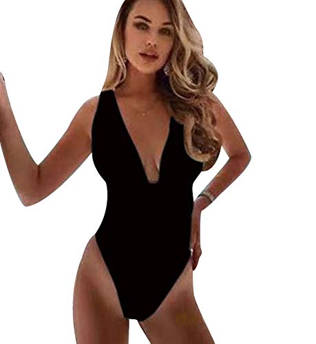 Bañador Halter Escote V Vientre Plano Una Pieza Traje de Baño Mujer Bañadores Playa Natacion Mujer Bikinis con Relleno Monokini Bikini Push Up Señora Trajes de Baño Enteros Piscina Biquini Negro L