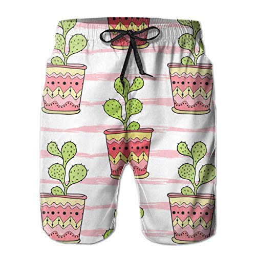 Bañador para Hombre Cactus Patrón Colorido Dibujos Animados Rosa Rayas Blancas Surf Tabla de Playa Shorts Traje de baño