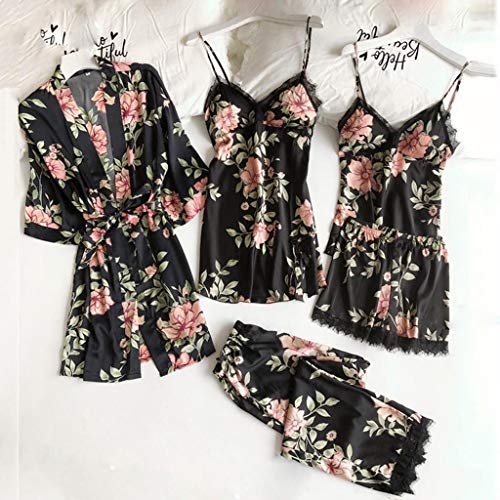 Bata Kimono Mujer, 5 Piezas Seda Satén Corto Kimono Bata Pijama Vestido de Encaje Conjunto de Lencería Albornoz Vestido de Dama de Honor de Camisón