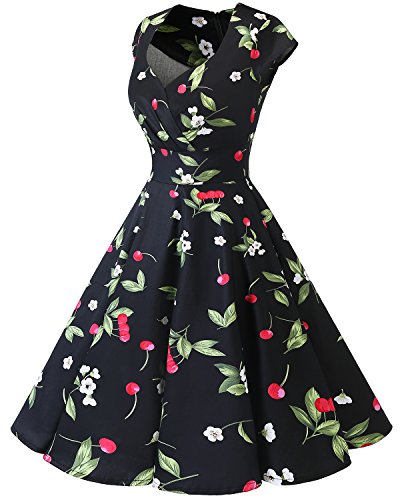 Bbonlinedress Vestido Corto Mujer Retro Años 50 Vintage Escote En Pico Black Small Cherry 2XL