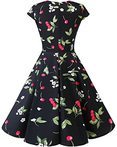 Bbonlinedress Vestido Corto Mujer Retro Años 50 Vintage Escote En Pico Black Small Cherry 2XL