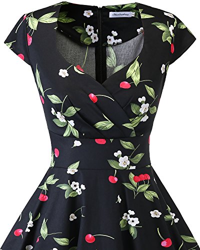 Bbonlinedress Vestido Corto Mujer Retro Años 50 Vintage Escote En Pico Black Small Cherry 2XL