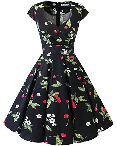 Bbonlinedress Vestido Corto Mujer Retro Años 50 Vintage Escote En Pico Black Small Cherry 2XL