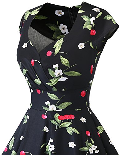 Bbonlinedress Vestido Corto Mujer Retro Años 50 Vintage Escote En Pico Black Small Cherry 2XL