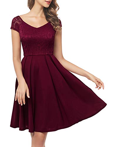 Bbonlinedress Vestido Vintage de Fiesta Cóctel Boda Rockabilly Clásico para Muejeres Cuello V sin Mangas Burgundy 2XL