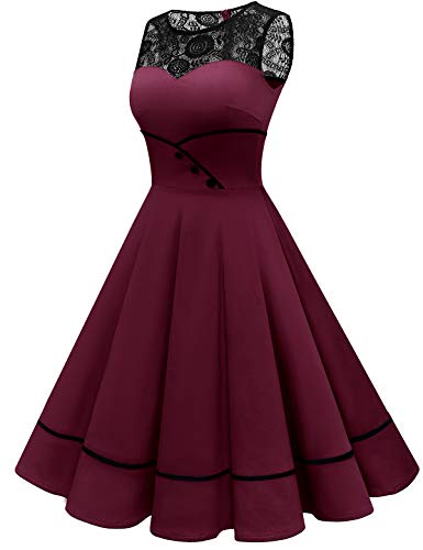 Bbonlinedress Vestido Vintage para Muejeres de Fiesta Cóctel Rockabilly Clásico sin Mangas Burgundy 3XL