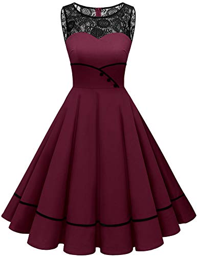 Bbonlinedress Vestido Vintage para Muejeres de Fiesta Cóctel Rockabilly Clásico sin Mangas Burgundy 3XL