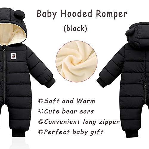 Bebé Invierno Mamelucos con Capucha, Niñas Niños Ropa Traje de Nieve Manga Larga Fleece Monos Outfits Peleles Calentar Abrigo Regalos 0-3 Meses(66),Negro