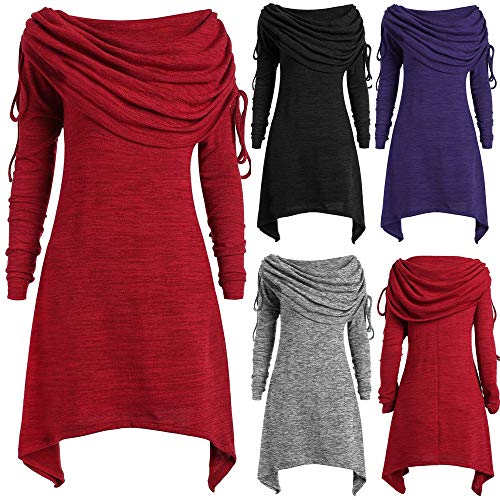 Belasdla Mujer Elegante Manga Larga Color SóLido SóLido Pliegues Largos Collar Plegable Larga SeccióN OtoñO E Invierno Escudo Top Camiseta