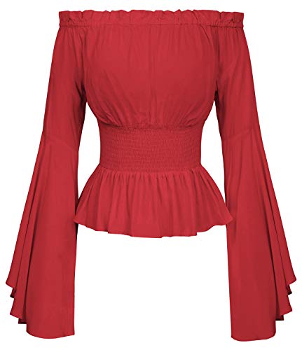 Belle Poque Mujer Tops Elegante Victoriano Medieval con Manga Larga Acampanada sin Hombro (L, Rojo)