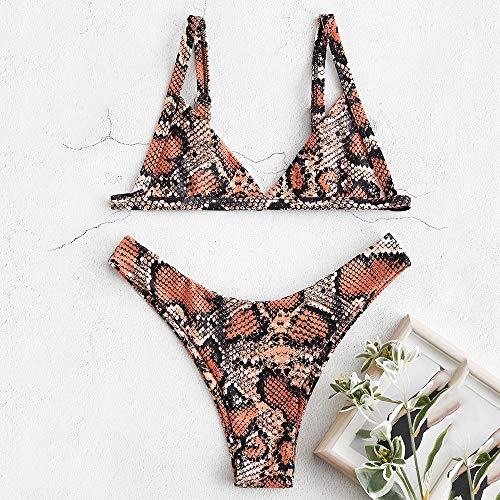 Bikini Zaful con estampado de piel de serpiente. Tiras en los laterales, gran escote en V y talle alto Naranja naranja M