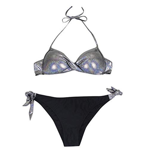 Bikinis con Lentejuelas para Mujeres Traje de baño Conjuntos Bikini brasileño con Push up en Biquinis Sexy Plateado XL