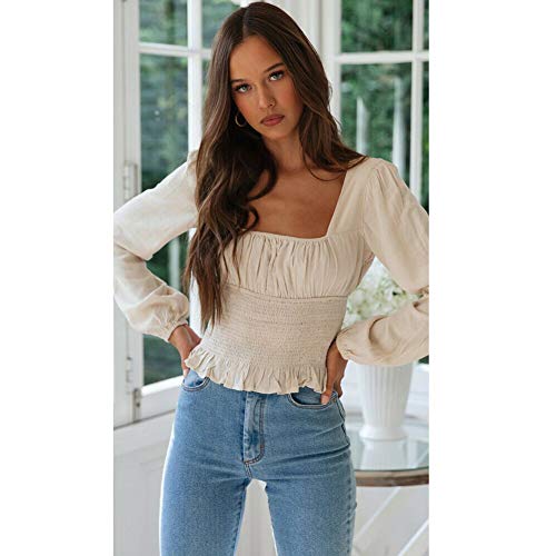 Blusa Camisa Mujer con Mangas Largas Puff Cuello Cuadrado Elástico con Encaje Casual Elegante (Beige, L)