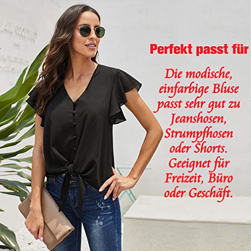 Blusa de manga corta para mujer, cuello en V, gasa, lino, túnica con topes, elegante, para negocios, casual, blusa suelta. Negro S