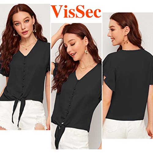 Blusa de manga corta para mujer, cuello en V, gasa, lino, túnica con topes, elegante, para negocios, casual, blusa suelta. Negro S