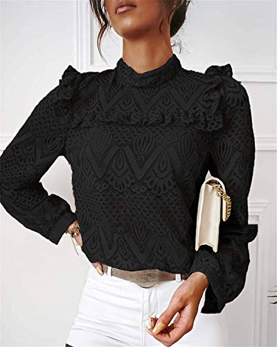 Blusa de mujer de encaje elegante vintage de manga larga cuello alto para primavera/otoño Negro XXL