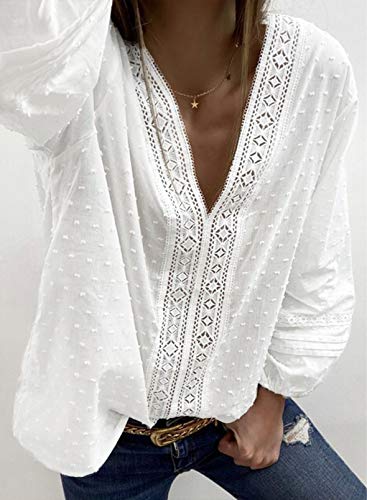 Blusa de Puntos suizos y de Color Liso para Mujer, con Cuello de Pico y Mangas 3/4, de Estilo Informal, Color Blanco y diseño Holgado, para Viajes y Vacaciones, cómoda y Transpirable