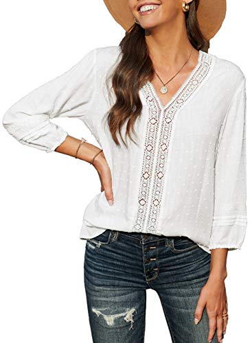 Blusa de Puntos suizos y de Color Liso para Mujer, con Cuello de Pico y Mangas 3/4, de Estilo Informal, Color Blanco y diseño Holgado, para Viajes y Vacaciones, cómoda y Transpirable